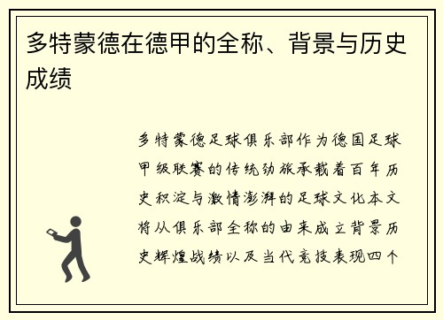 多特蒙德在德甲的全称、背景与历史成绩