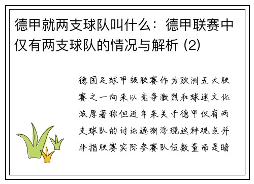 德甲就两支球队叫什么：德甲联赛中仅有两支球队的情况与解析 (2)